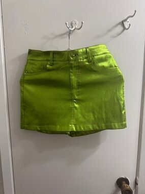 Metallic Lime Green Mini Skirt with Five-Pocket Styling